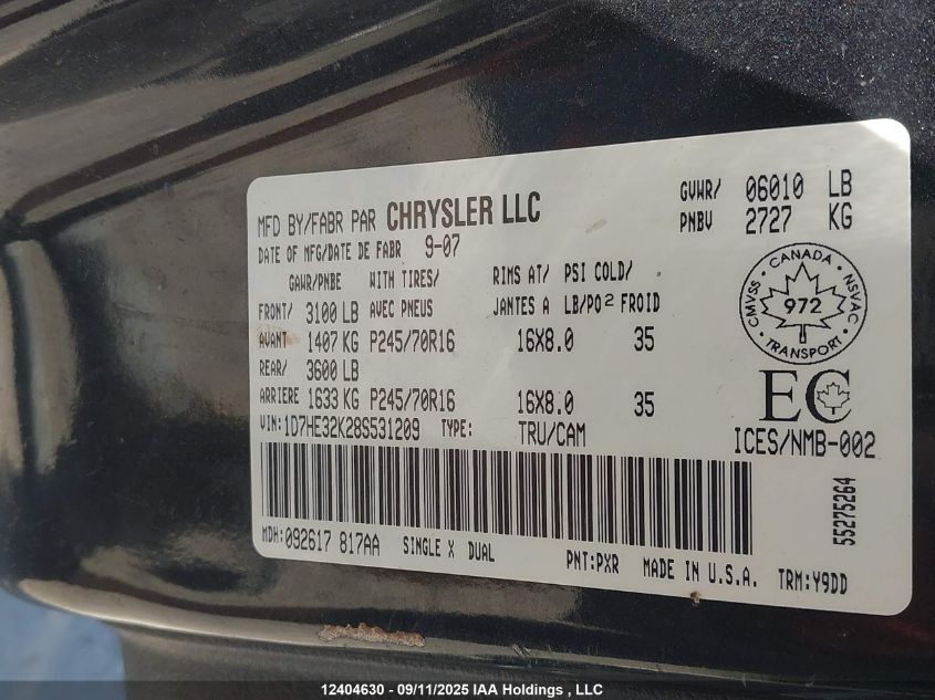 2008 Dodge Dakota Sxt VIN: 1D7HE32K28S531209 Lot: 12404630