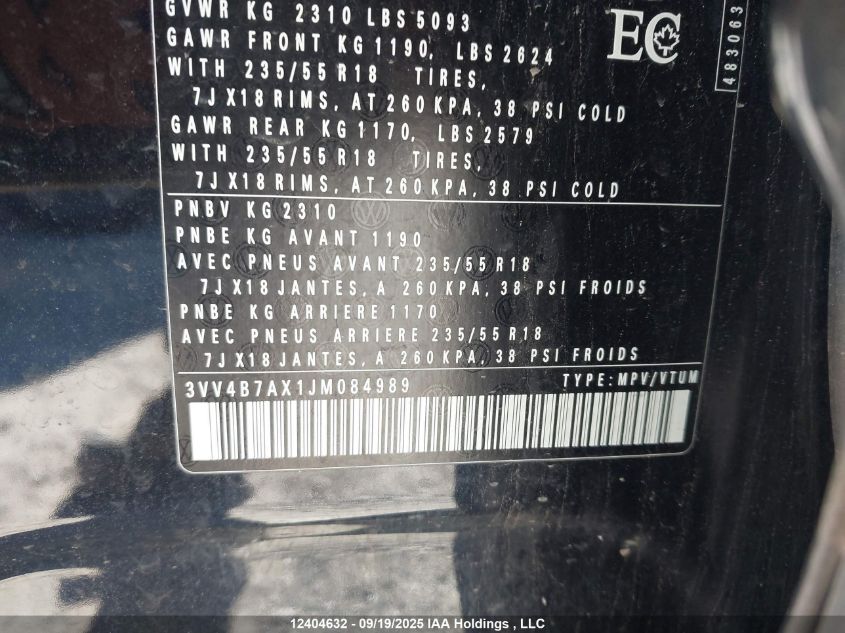 2018 Volkswagen Tiguan VIN: 3VV4B7AX1JM084989 Lot: 12404632