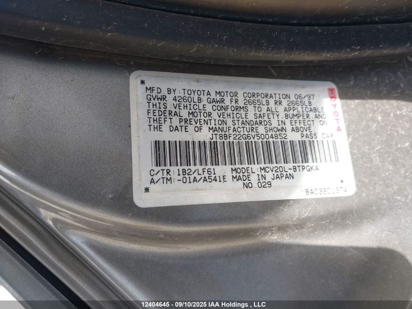 1997 Lexus Es 300 VIN: JT8BF22G6V5004852 Lot: 12404645