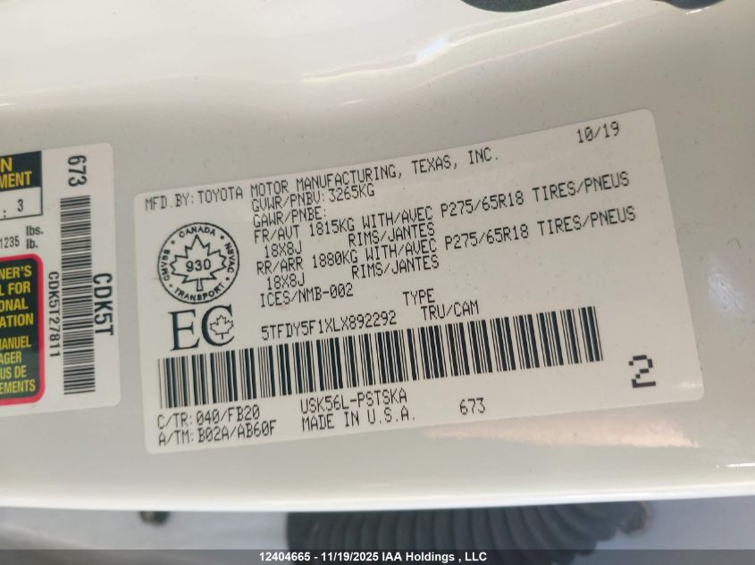 2020 Toyota Tundra VIN: 5TFDY5F1XLX892292 Lot: 12404665