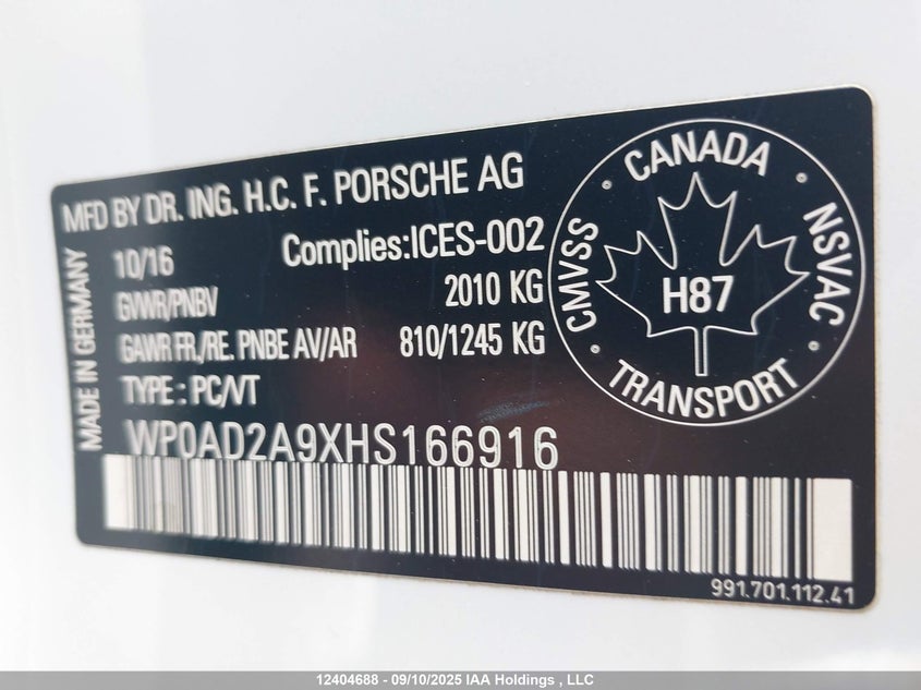 2017 Porsche 911 Turbo/Turbo S VIN: WP0AD2A9XHS166916 Lot: 12404688