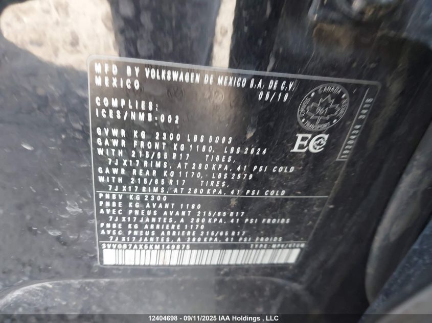 2019 Volkswagen Tiguan S VIN: 3VV0B7AX5KM149875 Lot: 12404698