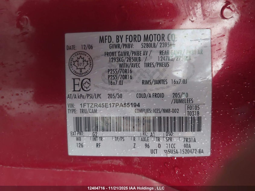 1FTZR45E17PA55194 2007 FORD RANGER photo no. 9