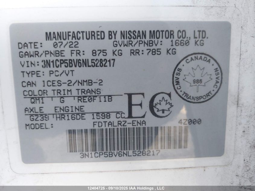 2022 Nissan Kicks S VIN: 3N1CP5BV6NL528217 Lot: 12404725