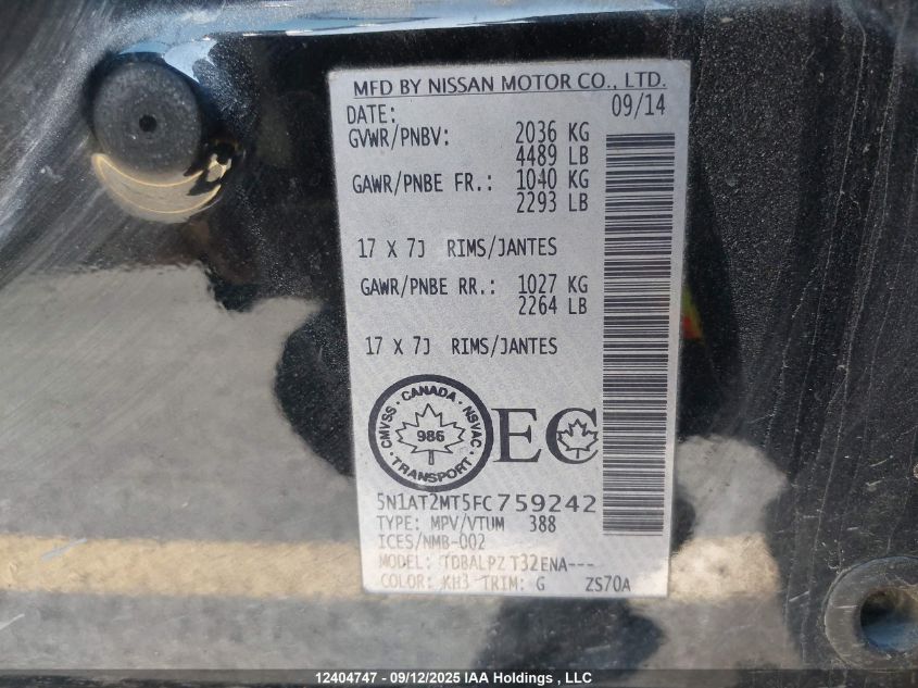 2015 Nissan Rogue S/Sl/Sv VIN: 5N1AT2MT5FC759242 Lot: 12404747