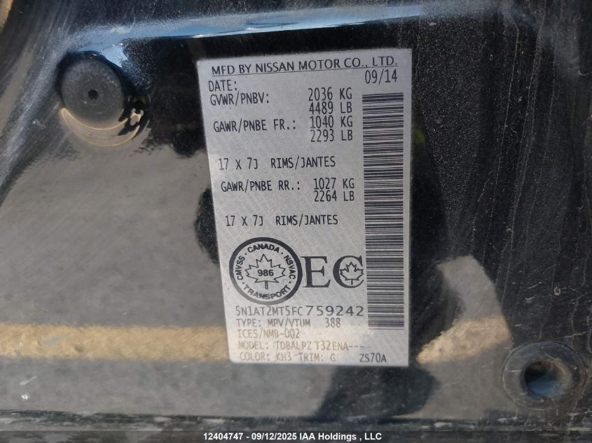 2015 Nissan Rogue S/Sl/Sv VIN: 5N1AT2MT5FC759242 Lot: 12404747