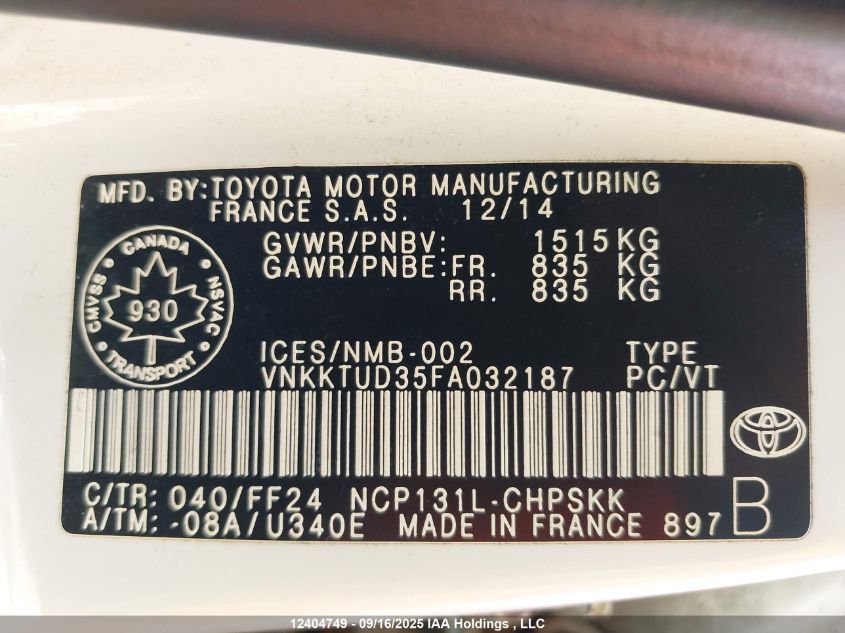 2015 Toyota Yaris VIN: VNKKTUD35FA032187 Lot: 12404749