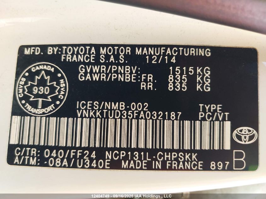 2015 Toyota Yaris VIN: VNKKTUD35FA032187 Lot: 12404749