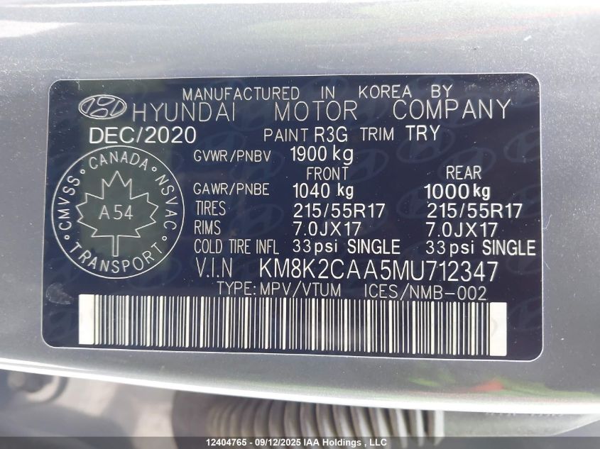 2021 Hyundai Kona Sel VIN: KM8K2CAA5MU712347 Lot: 12404765