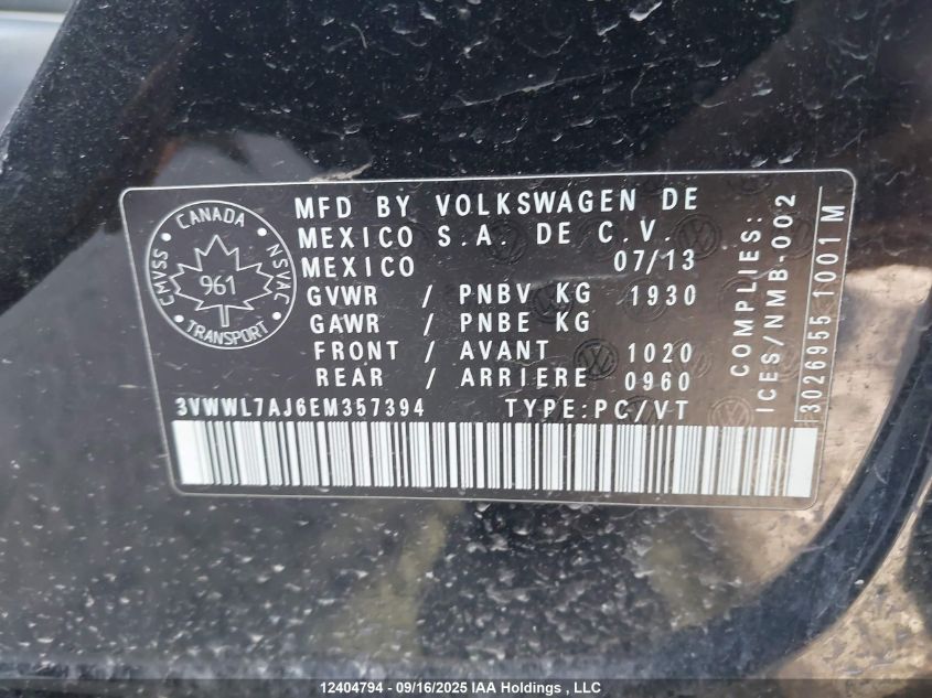 2014 Volkswagen Jetta 2.0 Tdi Comfortline/2.0 Tdi Highline/2.0 Tdi Trendline+ VIN: 3VWWL7AJ6EM357394 Lot: 12404794