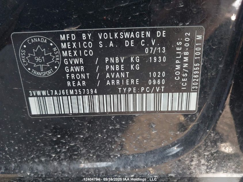 2014 Volkswagen Jetta 2.0 Tdi Comfortline/2.0 Tdi Highline/2.0 Tdi Trendline+ VIN: 3VWWL7AJ6EM357394 Lot: 12404794