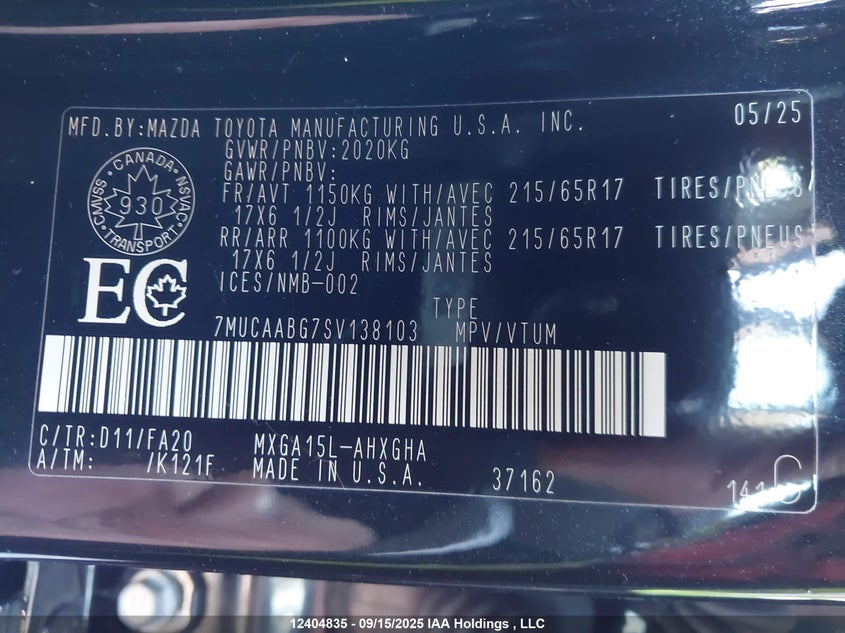 2025 Toyota Corolla Cross Le VIN: 7MUCAABG7SV138103 Lot: 12404835