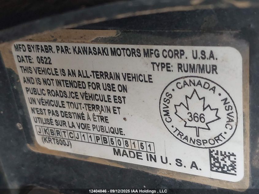 2023 Kawasaki Krt800 J/K VIN: JKBRTCJ11PB508151 Lot: 12404846