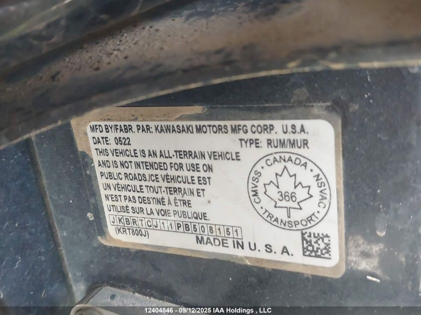 2023 Kawasaki Krt800 J/K VIN: JKBRTCJ11PB508151 Lot: 12404846