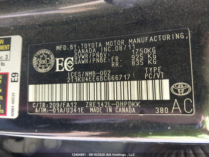 2011 Toyota Matrix VIN: 2T1KU4EE6BC666717 Lot: 12404861