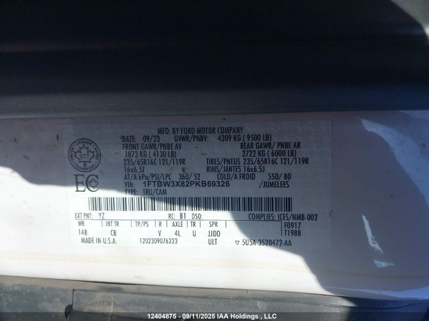 2023 Ford Transit T-350 VIN: 1FTBW3X82PKB69326 Lot: 12404875