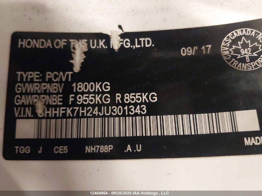 2018 Honda Civic Lx VIN: SHHFK7H24JU301343 Lot: 12404954
