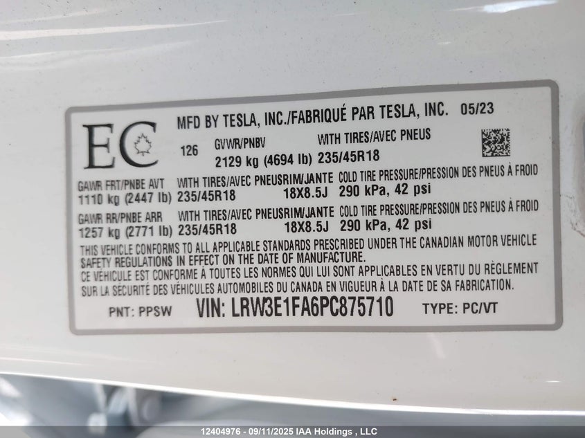 2023 Tesla Model 3 VIN: LRW3E1FA6PC875710 Lot: 12404976