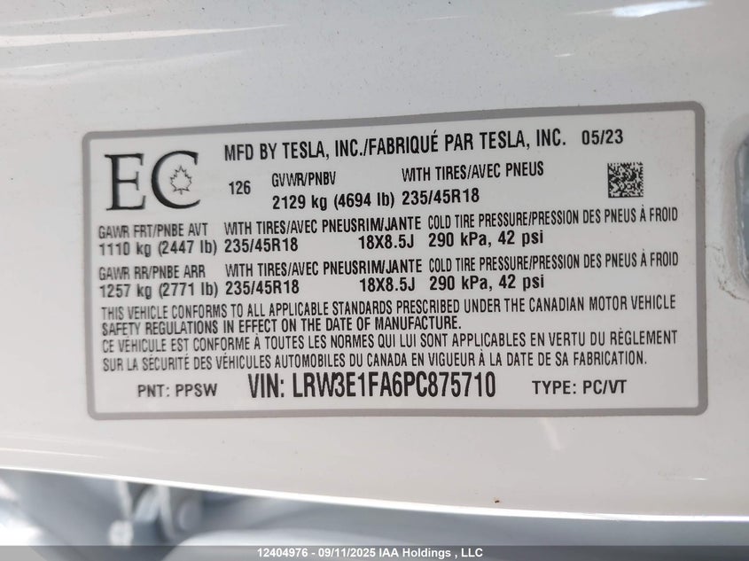 2023 Tesla Model 3 VIN: LRW3E1FA6PC875710 Lot: 12404976