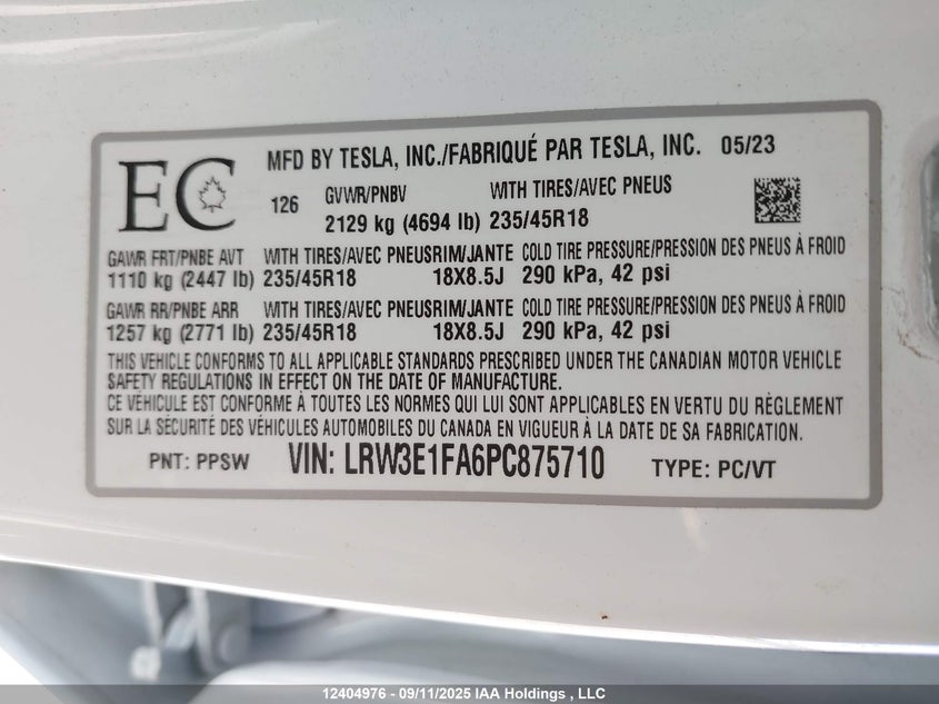 2023 Tesla Model 3 VIN: LRW3E1FA6PC875710 Lot: 12404976