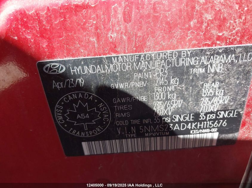 2019 Hyundai Santa Fe Essential VIN: 5NMS23AD4KH115676 Lot: 12405000