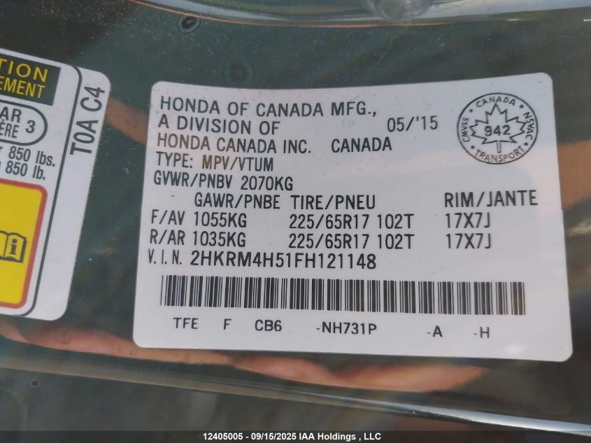 2015 Honda Cr-V Ex VIN: 2HKRM4H51FH121148 Lot: 12405005