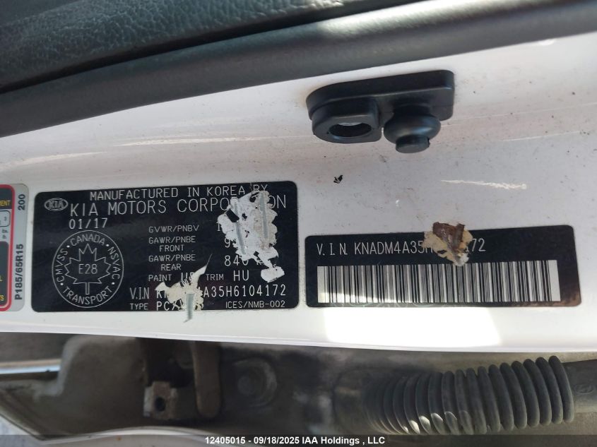 2017 Kia Rio Ex Special Edition/Ex+ W/Sunroof/Lx/Lx+/Sx/Sx W/Navigation VIN: KNADM4A35H6104172 Lot: 12405015