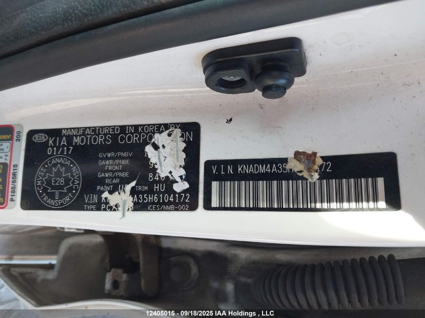 2017 Kia Rio Ex Special Edition/Ex+ W/Sunroof/Lx/Lx+/Sx/Sx W/Navigation VIN: KNADM4A35H6104172 Lot: 12405015