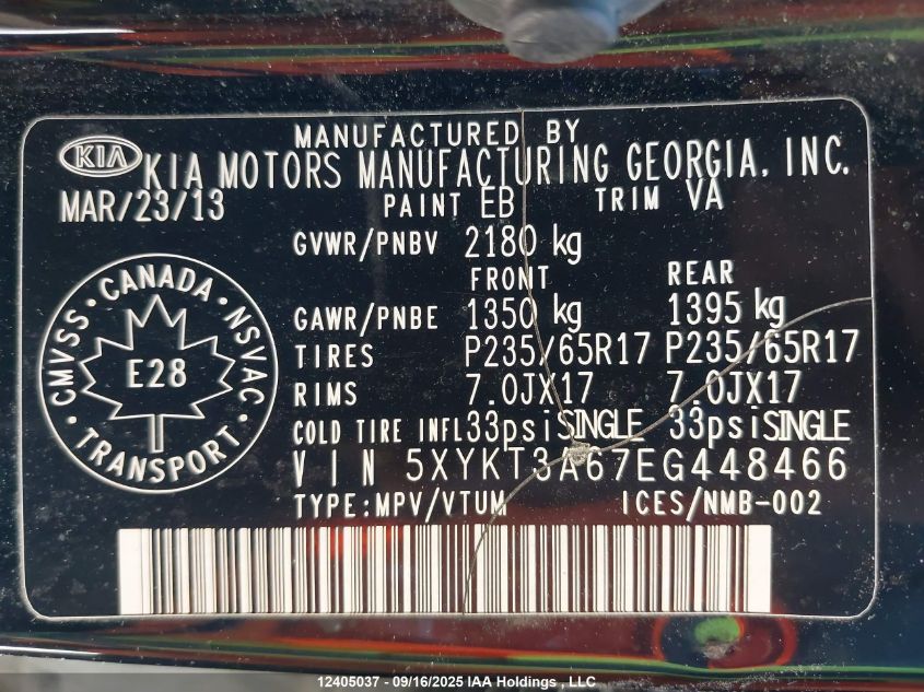 2014 Kia Sorento Lx/Se VIN: 5XYKT3A67EG448466 Lot: 12405037