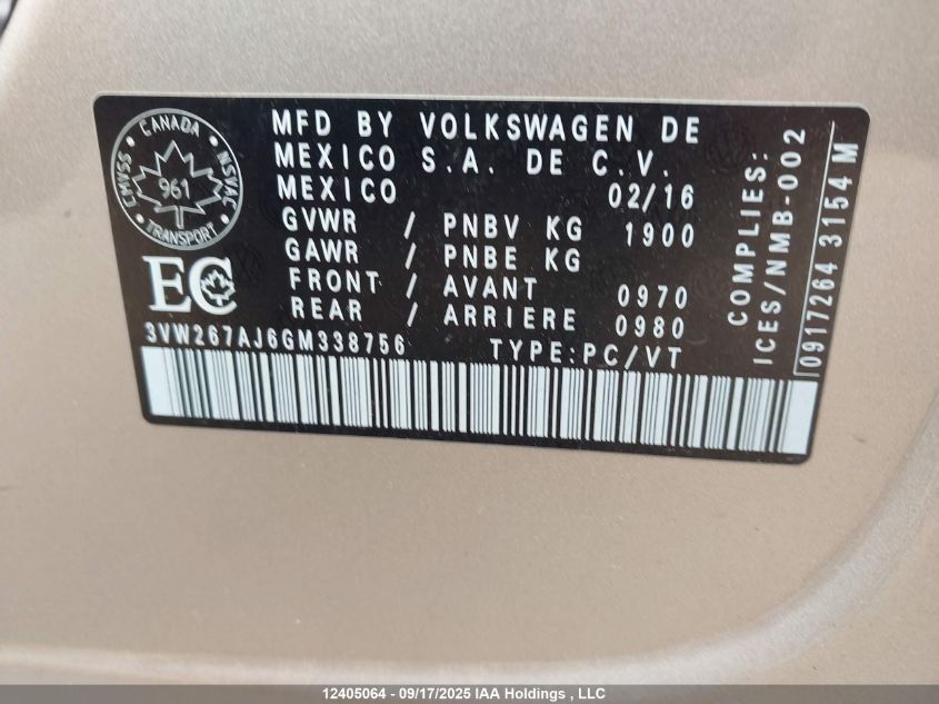 2016 Volkswagen Jetta S VIN: 3VW267AJ6GM338756 Lot: 12405064