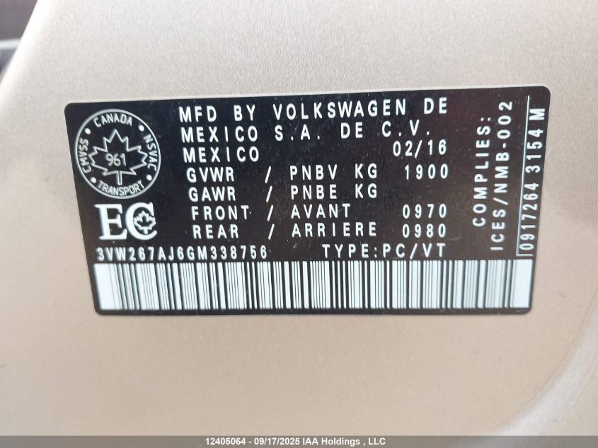 2016 Volkswagen Jetta S VIN: 3VW267AJ6GM338756 Lot: 12405064