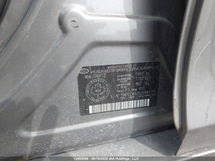5NPEC4AC1CH487715 2012 HYUNDAI SONATA photo no. 9