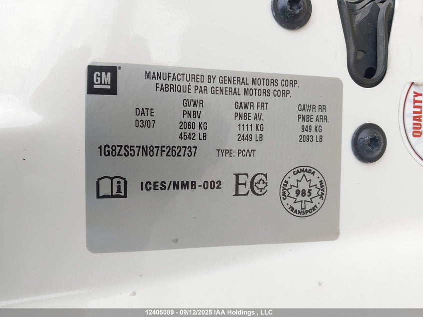 1G8ZS57N87F262737 2007 SATURN AURA photo no. 9
