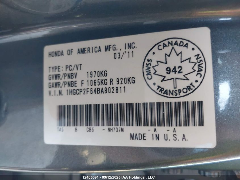 2011 Honda Accord Sedan VIN: 1HGCP2F64BA802811 Lot: 12405091