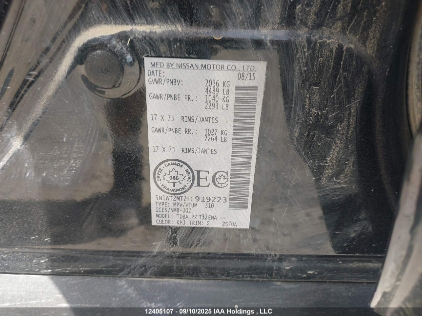 2015 Nissan Rogue S/Sl/Sv VIN: 5N1AT2MT2FC919223 Lot: 12405107