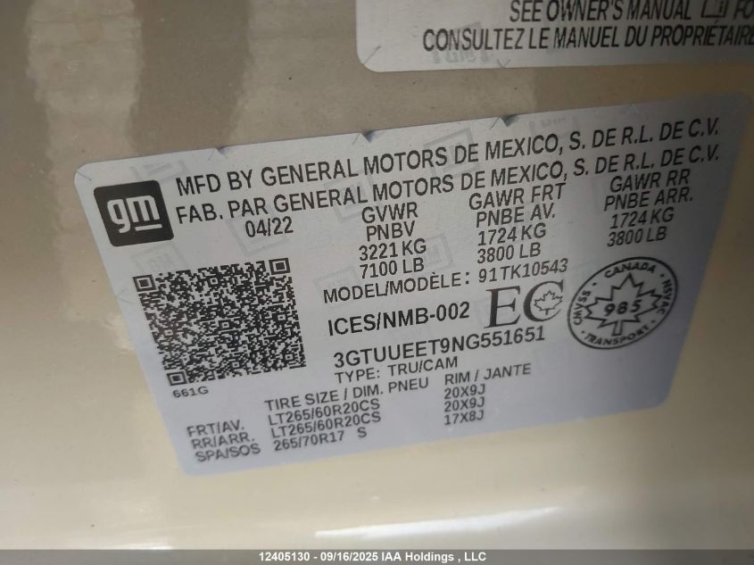 2022 GMC Sierra 1500 At4 VIN: 3GTUUEET9NG551651 Lot: 12405130