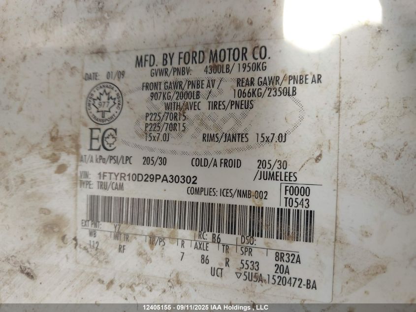 2009 Ford Ranger VIN: 1FTYR10D29PA30302 Lot: 12405155