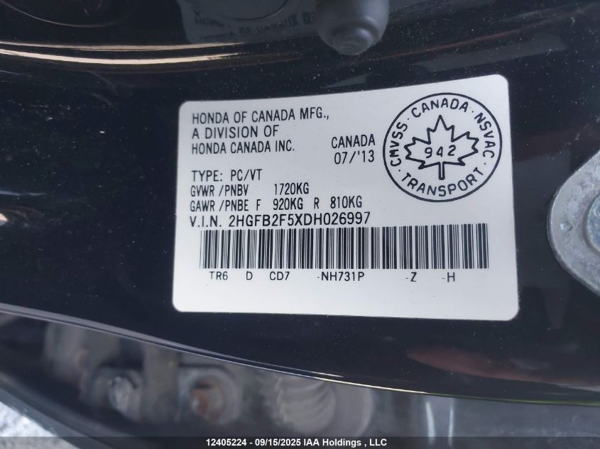 2013 Honda Civic Ex 4Dr VIN: 2HGFB2F5XDH026997 Lot: 12405224