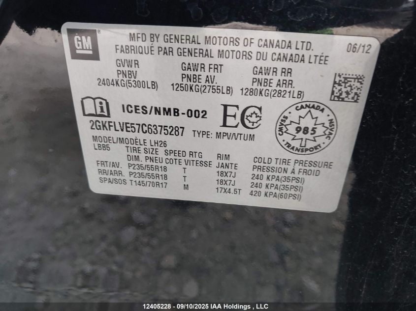 2012 GMC Terrain Slt VIN: 2GKFLVE57C6375287 Lot: 12405228