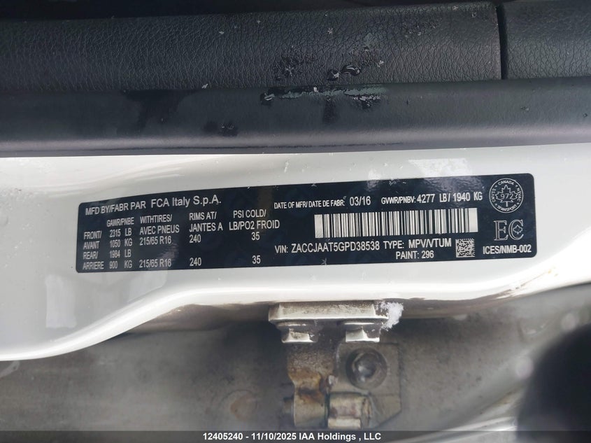 2016 Jeep Renegade Sport VIN: ZACCJAAT5GPD38538 Lot: 12405240