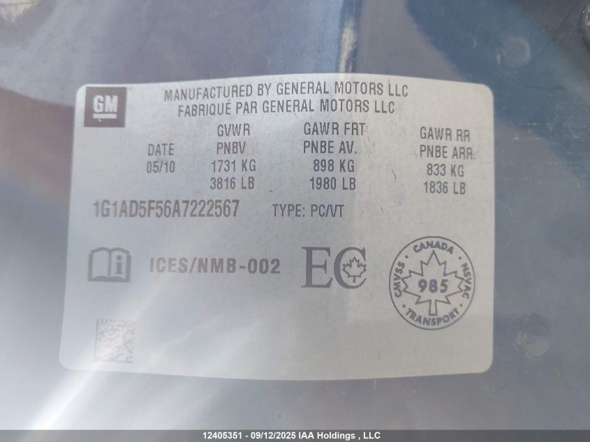 2010 Chevrolet Cobalt 1Lt VIN: 1G1AD5F56A7222567 Lot: 12405351