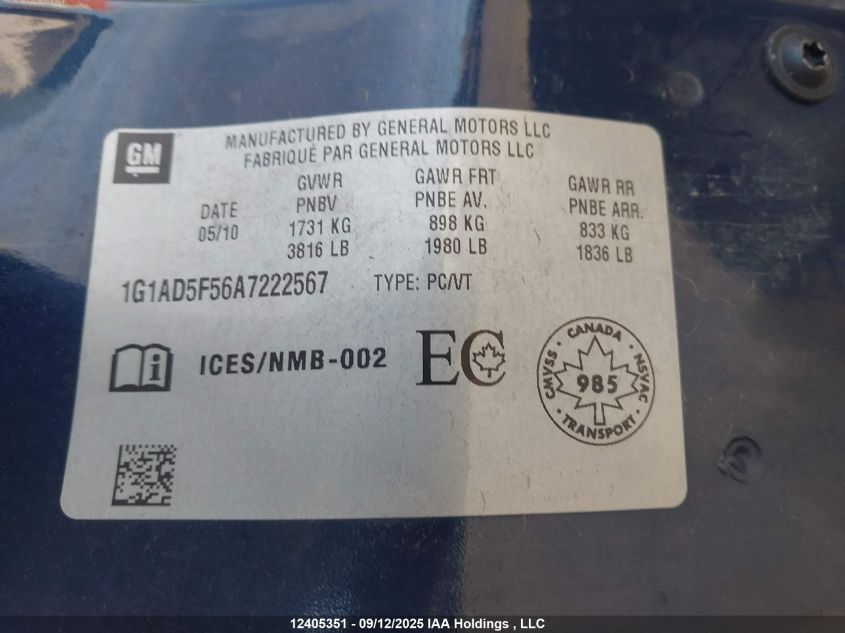2010 Chevrolet Cobalt 1Lt VIN: 1G1AD5F56A7222567 Lot: 12405351