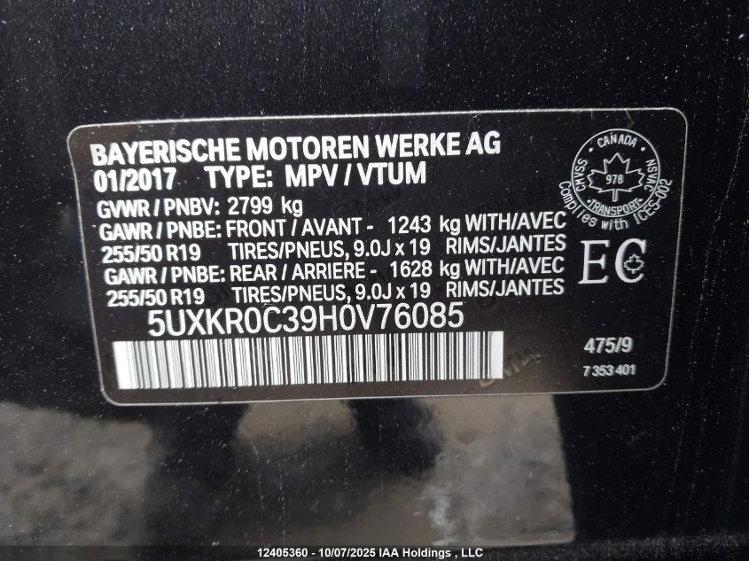 2017 BMW X5 xDrive35I VIN: 5UXKR0C39H0V76085 Lot: 12405360