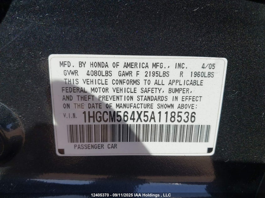 1HGCM564X5A118536 2005 HONDA ACCORD photo no. 9