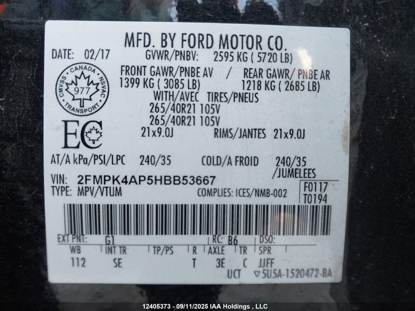 2017 Ford Edge Sport VIN: 2FMPK4AP5HBB53667 Lot: 12405373