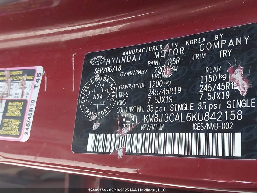 KM8J3CAL6KU842158 2019 HYUNDAI TUCSON photo no. 9