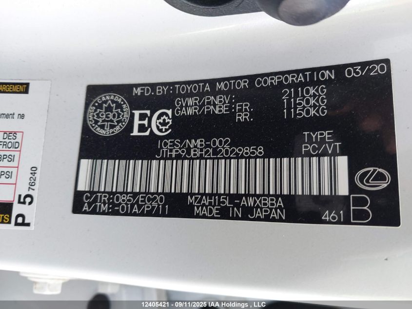 2020 Lexus Ux 250H VIN: JTHP9JBH2L2029858 Lot: 12405421