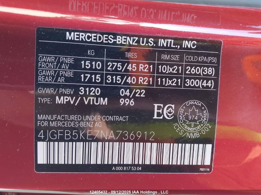 2022 Mercedes-Benz Gle 450 4Matic VIN: 4JGFB5KE7NA736912 Lot: 12405432