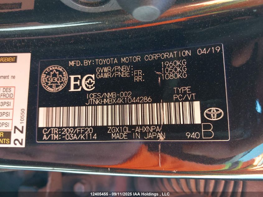 2019 Toyota C-Hr Xle VIN: JTNKHMBX4K1044286 Lot: 12405455