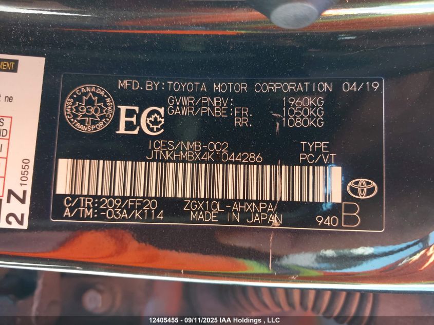 2019 Toyota C-Hr Xle VIN: JTNKHMBX4K1044286 Lot: 12405455